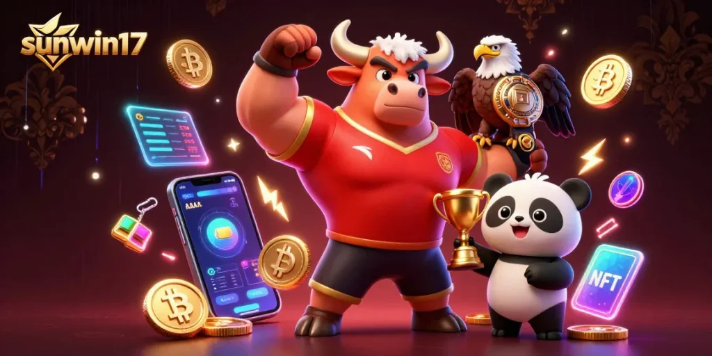 Engage with sunwin17's thrill as a muscular bull mascot celebrates victory amidst glowing crypto elements.