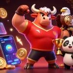 Engage with sunwin17's thrill as a muscular bull mascot celebrates victory amidst glowing crypto elements.