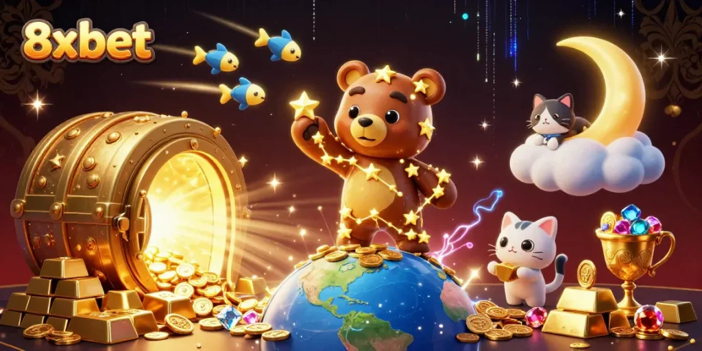 Experience the excitement of 8xbet with vibrant casino treasures and golden characters.