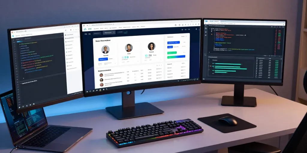 IPTV reseller panel interface displayed in a modern tech workspace, showcasing software management tools and analytics.