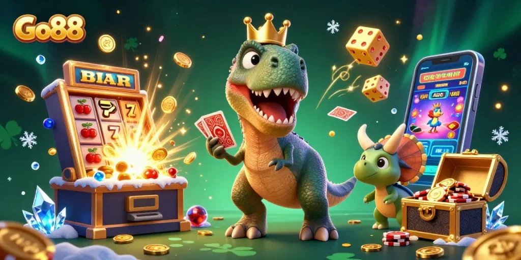 Experience exciting gameplay at Go88 with fun characters, a colorful casino backdrop, and exhilarating game elements.