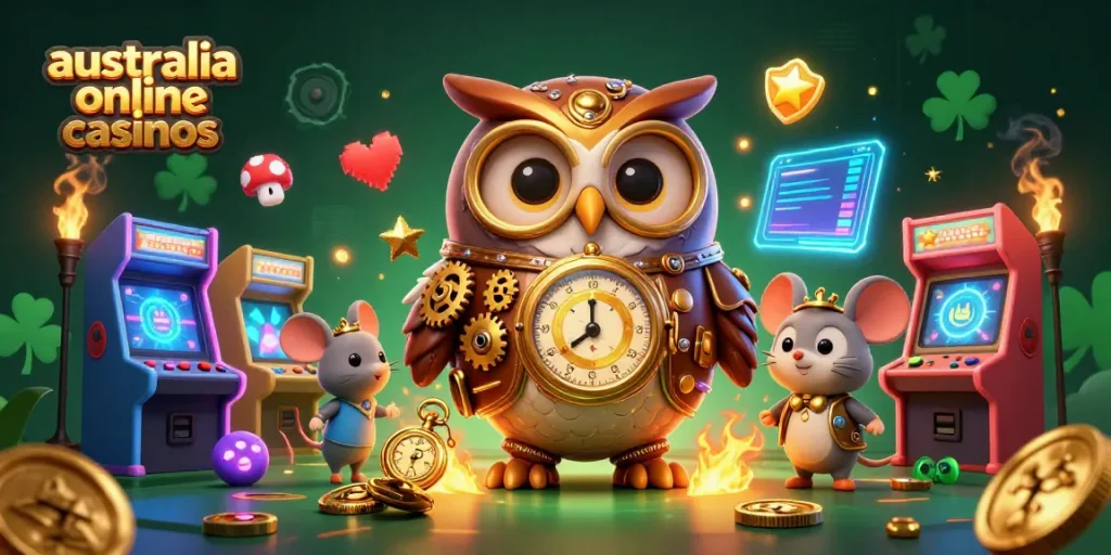 Engage with australia online casinos in a vibrant 3D illustration featuring a steampunk owl and gaming elements.