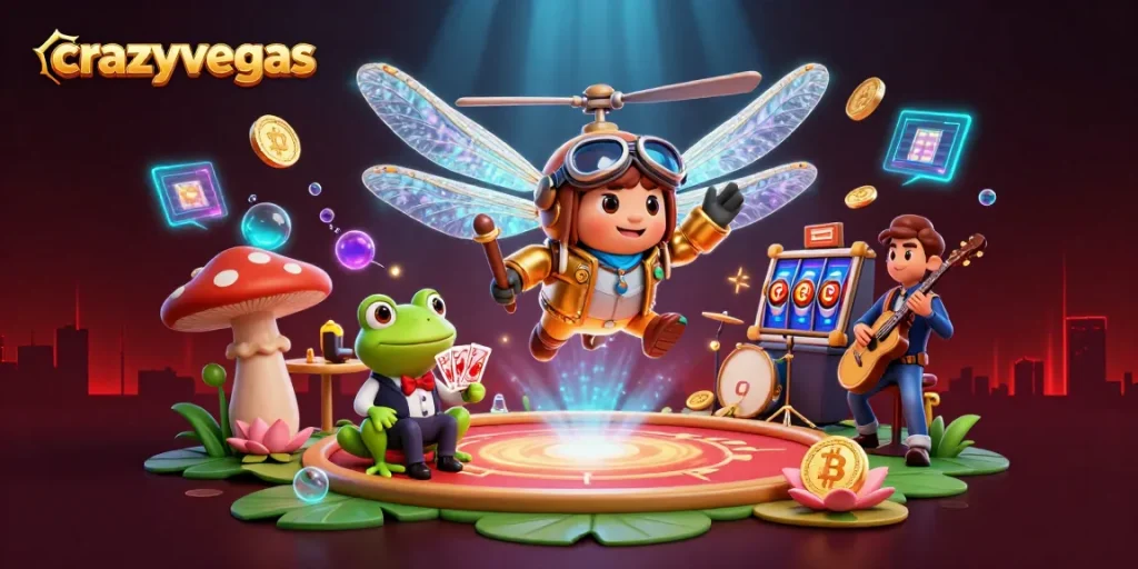 Engage with crazyvegas in a vibrant 3D Bitcoin casino scene featuring dynamic characters and gaming elements.