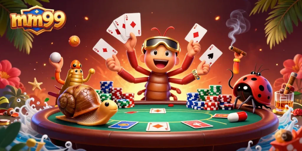 Experience a thrilling poker night at mm99 with vibrant characters dealing cards amongst towering chips.