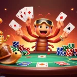 Experience a thrilling poker night at mm99 with vibrant characters dealing cards amongst towering chips.