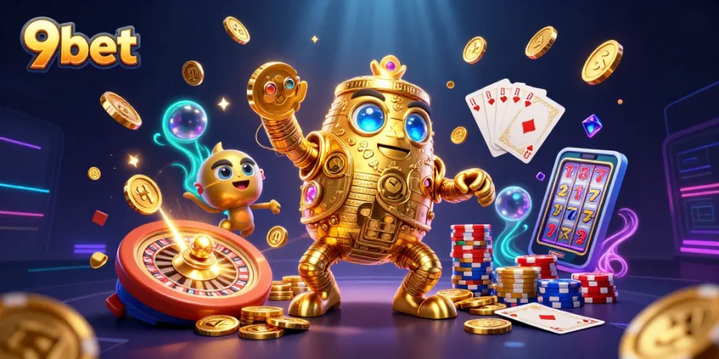 Win big at 9bet with a thrilling illustration of ancient treasures and vibrant game elements.