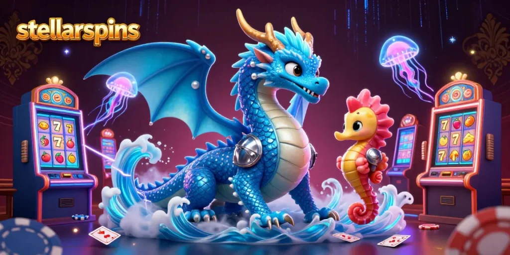 Win big with stellarspins in this vibrant casino scene featuring dragons and slot machines.