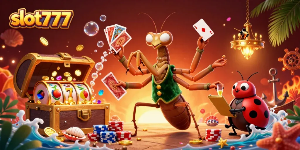 Experience excitement at slot777 with a vivid illustration of card games, colorful gems, and dynamic casino elements.