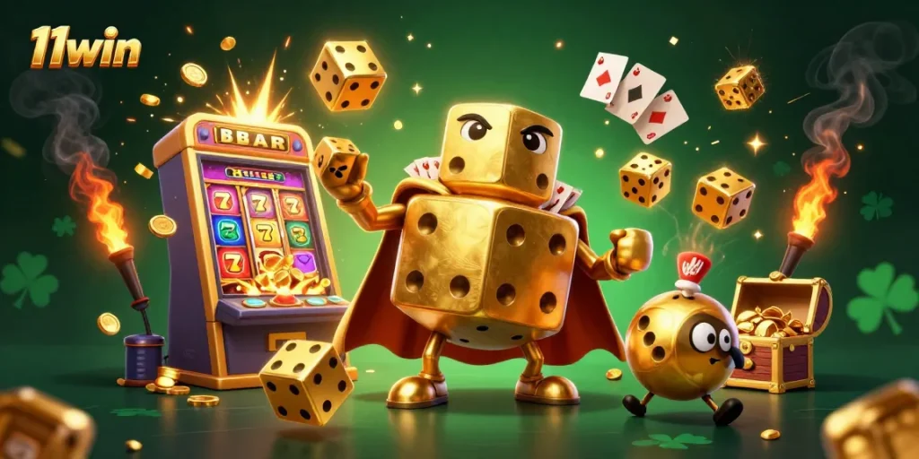 11win showcases golden dice characters juggling in a vibrant casino scene of luck and excitement.