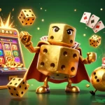 11win showcases golden dice characters juggling in a vibrant casino scene of luck and excitement.