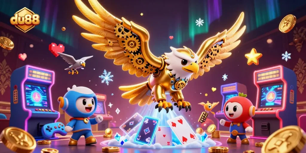 Experience thrilling gaming with du88’s electrifying casino ambiance in this vibrant 3D illustration.