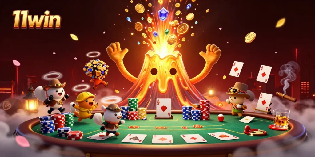 Win big at 11win with vibrant casino action, featuring a golden volcano and poker elements.