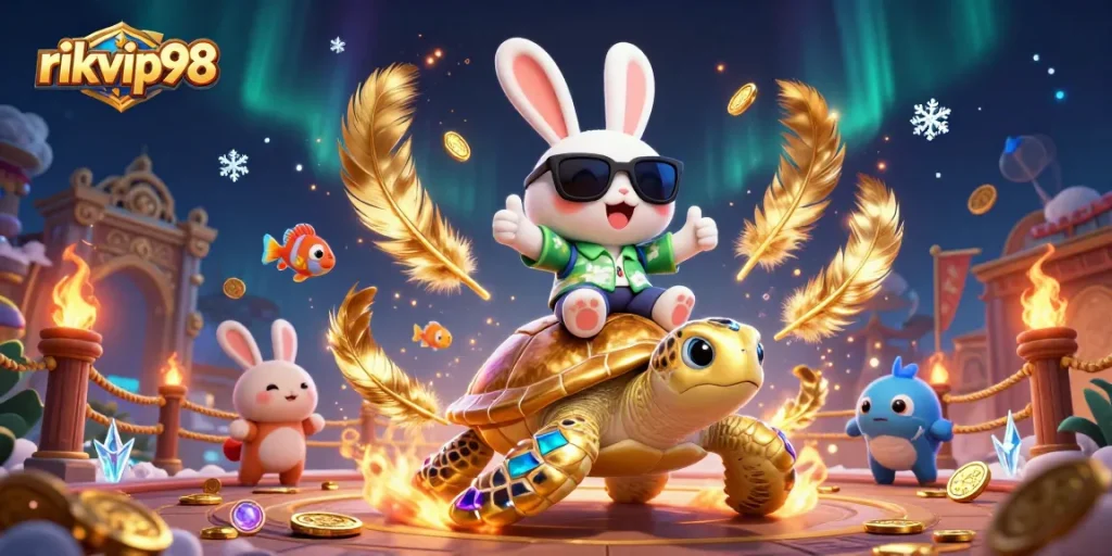 Experience thrilling gaming action with rikvip98, a vibrant 3D scene featuring a lucky rabbit and golden turtle.