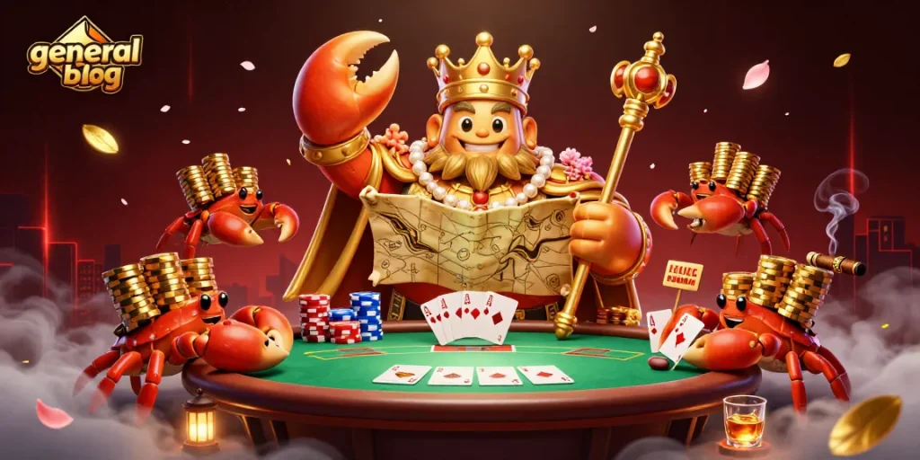 Playtable setup at general blog casino featuring a crowned crab emperor illustrating gaming excitement.
