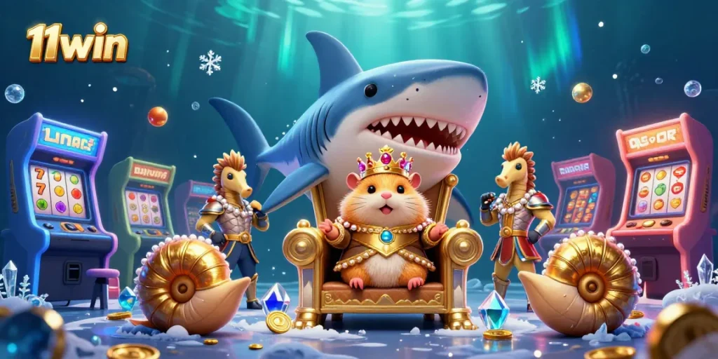 Engage with the vibrant 11win gaming scene featuring a hamster king and seahorse guards.