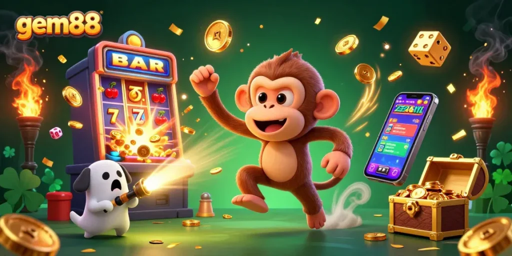 Engage with gem88's immersive casino atmosphere featuring a playful poltergeist monkey and a ghost-hunter puppy.