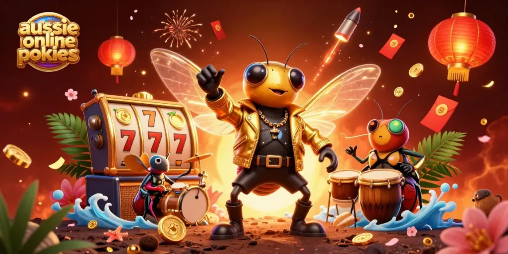 Spin and win at aussie online pokies with a vibrant illustration of a cicada rock star and dynamic slot reels.
