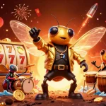 Spin and win at aussie online pokies with a vibrant illustration of a cicada rock star and dynamic slot reels.