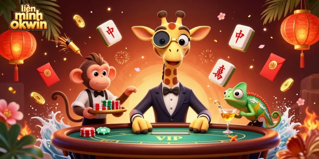 Experience thrilling gameplay at liên minh okwin with an illustration featuring a high-roller giraffe, monkey valet, and chameleon bartender.