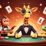 Experience thrilling gameplay at liên minh okwin with an illustration featuring a high-roller giraffe, monkey valet, and chameleon bartender.
