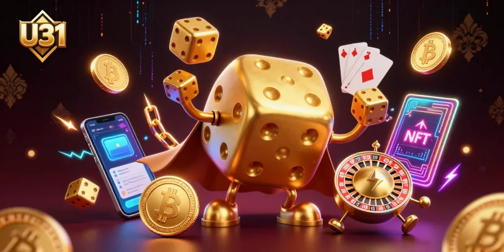 U31 offers exciting gaming with a vibrant 3D cartoon scene showcasing crypto coins and golden dice.