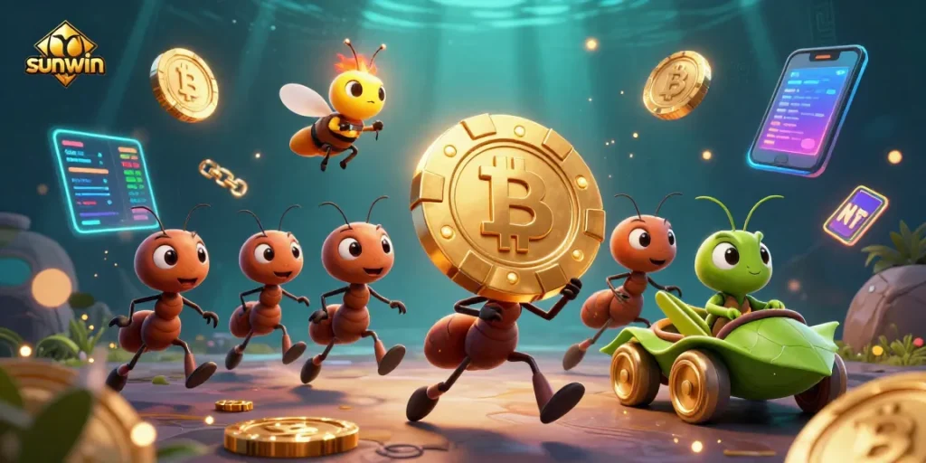 Engage in a sunwin casino adventure with ants carrying a poker chip and a grasshopper getaway.