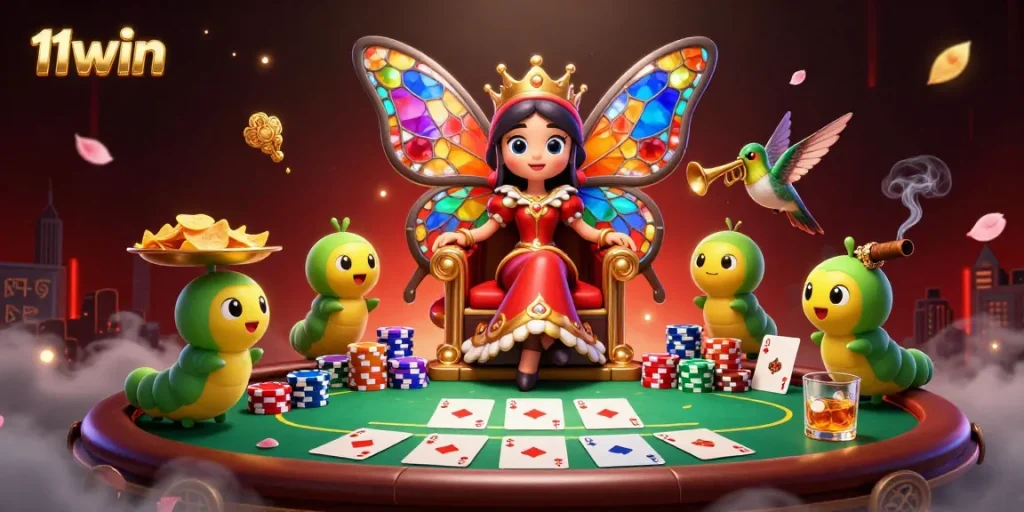Experience excitement at 11win as the butterfly queen rules a vibrant poker realm filled with chips and cards.