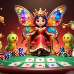 Experience excitement at 11win as the butterfly queen rules a vibrant poker realm filled with chips and cards.