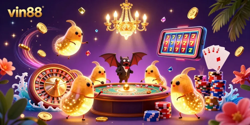 Experience vin88's energetic casino atmosphere with glowworms and a bat dealer, vibrant game elements displayed.