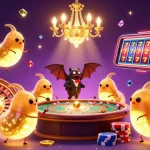 Experience vin88's energetic casino atmosphere with glowworms and a bat dealer, vibrant game elements displayed.