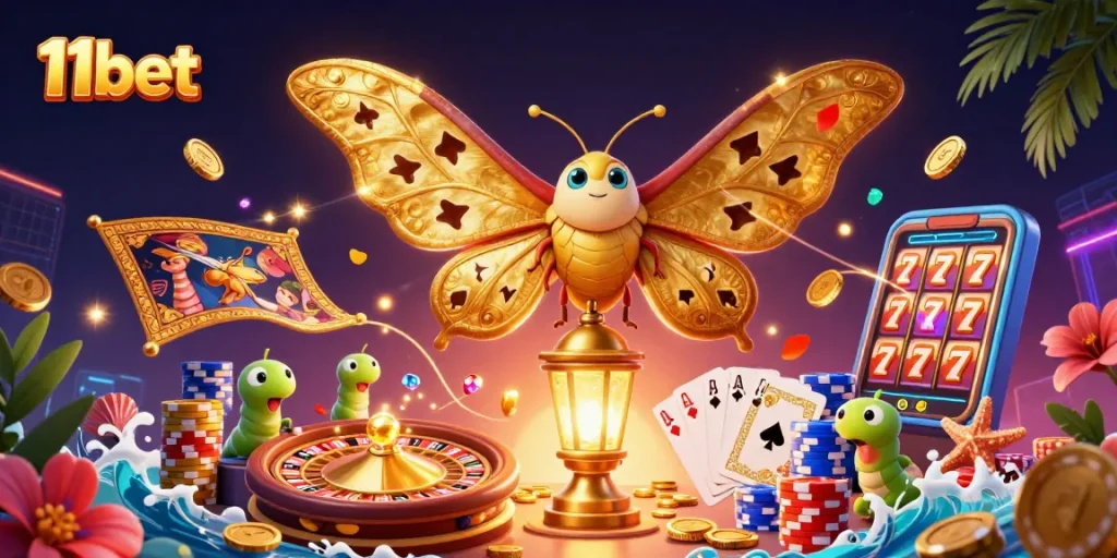 Experience winning moments with 11bet in this vibrant casino-themed illustration.