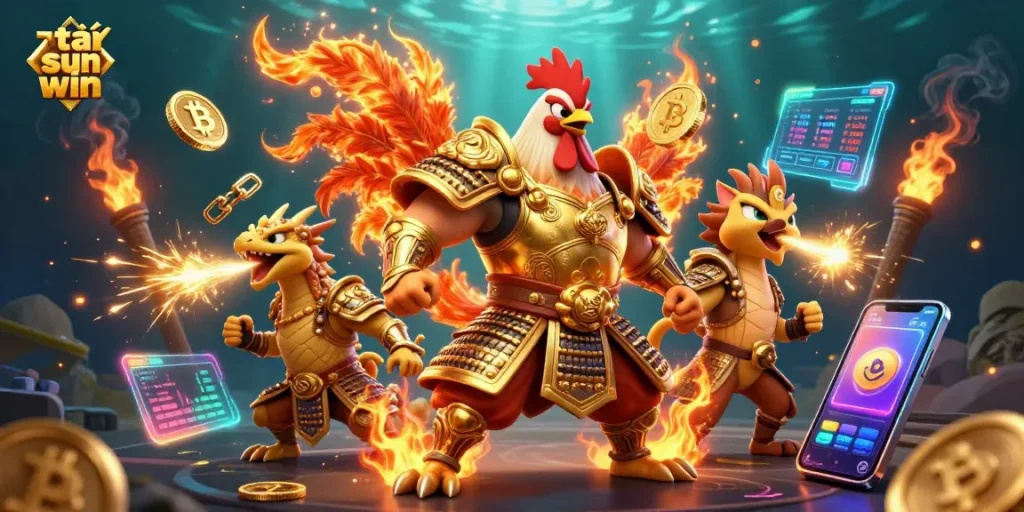 Engage in thrilling gameplay and tải sun win with powerful cartoon characters in a vibrant casino scene.
