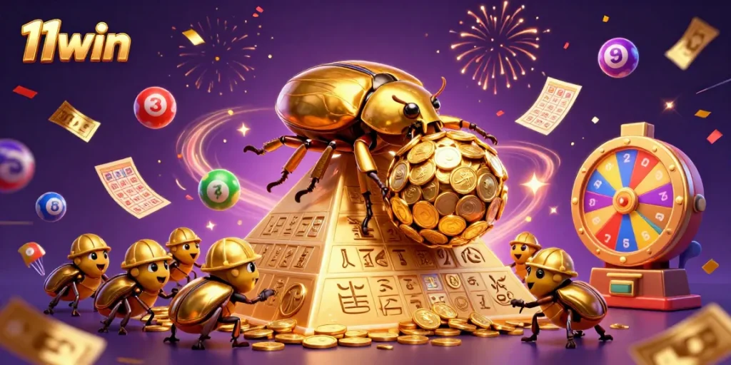 Engage in exciting gaming with 11win as golden beetles roll treasure at a vibrant casino scene.