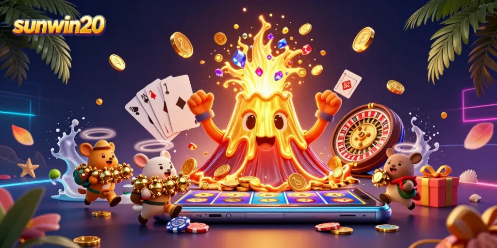 Experience sunwin20's thrilling eruption of treasures in this vibrant casino-themed illustration.