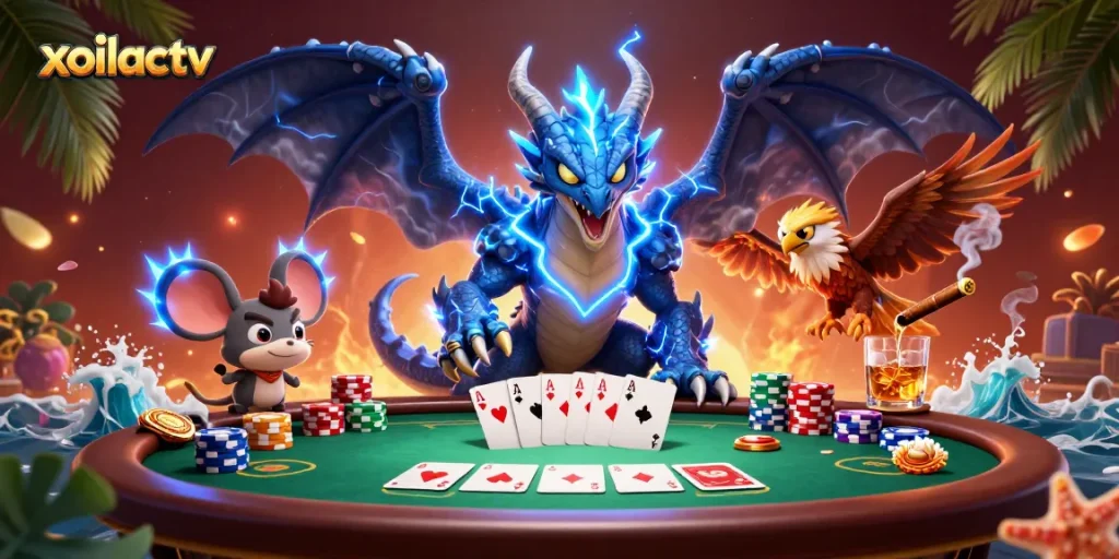 xoilactv showcases an electrifying poker scene filled with vibrant characters and thrilling game elements.