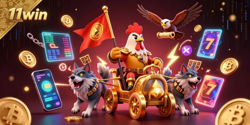 Experience thrilling wins at 11win with vibrant scenes of a rooster warlord and crypto gaming elements.