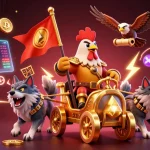 Experience thrilling wins at 11win with vibrant scenes of a rooster warlord and crypto gaming elements.