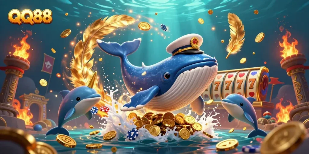 Join the action at QQ88 with a vibrant scene featuring a cartoon whale, narwhal, and dolphins amongst casino games.