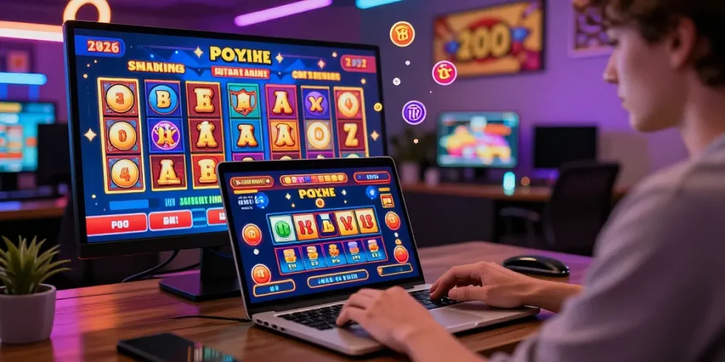 Australian online casinos scene with a player enjoying pokies and live games on a laptop, showcasing vibrant graphics and bonuses.