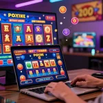 Australian online casinos scene with a player enjoying pokies and live games on a laptop, showcasing vibrant graphics and bonuses.