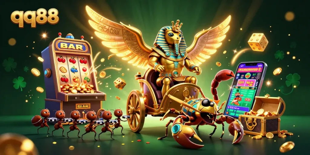 Experience the thrill of qq88 with a vibrant, ultra-detailed 3D casino scene featuring iconic symbols and characters.