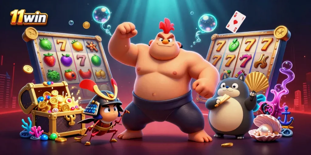 Experience thrilling gaming action with 11win's vibrant sumo showdown in this colorful casino illustration.