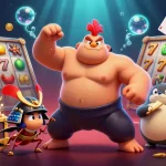 Experience thrilling gaming action with 11win's vibrant sumo showdown in this colorful casino illustration.