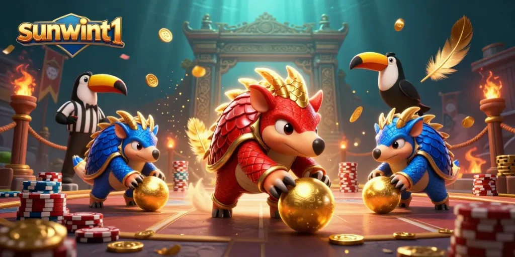 Experience thrilling action at sunwint1 with pangolins bowling through poker chips and golden confetti.