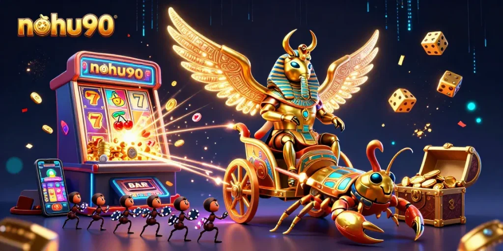 Experience the excitement at nohu90 with a vibrant casino scene featuring a golden scarab and a jackpot explosion.