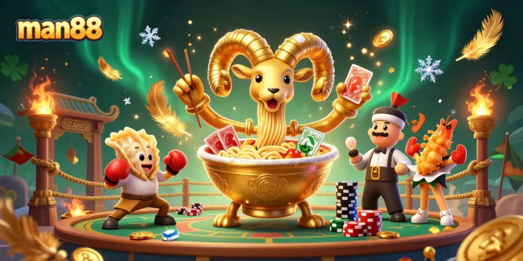 Experience man88 with interactive casino characters in a vibrant, action-packed scene.