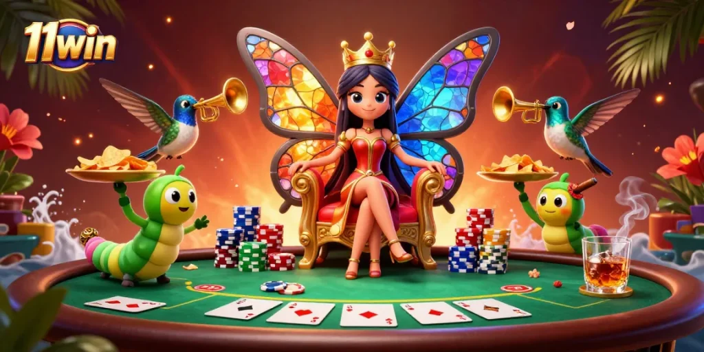 Experience the vibrant 11win casino scene featuring a butterfly queen and dynamic poker elements.