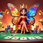 Experience the vibrant 11win casino scene featuring a butterfly queen and dynamic poker elements.