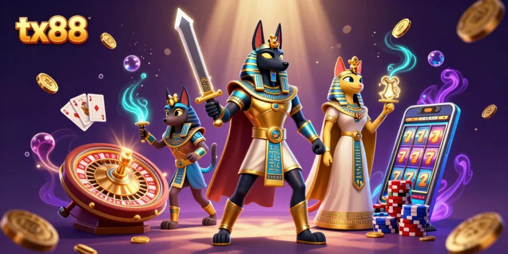 Experience epic wins at tx88 with Anubis and Bastet amidst glowing hieroglyphs and gaming elements.