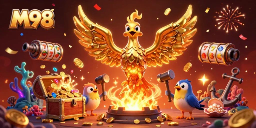 M98 offers a thrilling casino experience with golden phoenix and dynamic game elements.